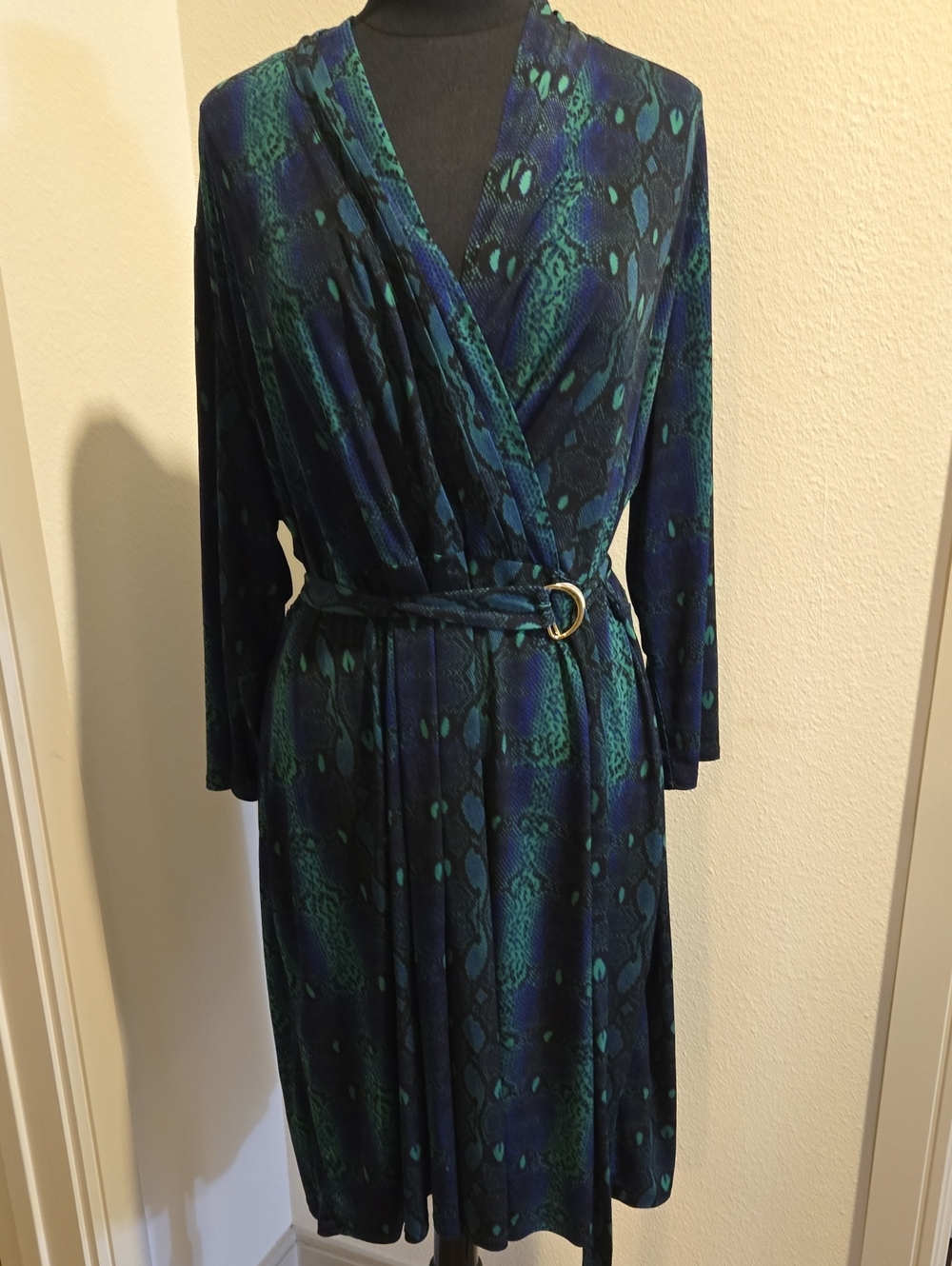 Liz Claiborne Teal and Navy Snake-Print Wrap Dress with D-Ring Belt 3X